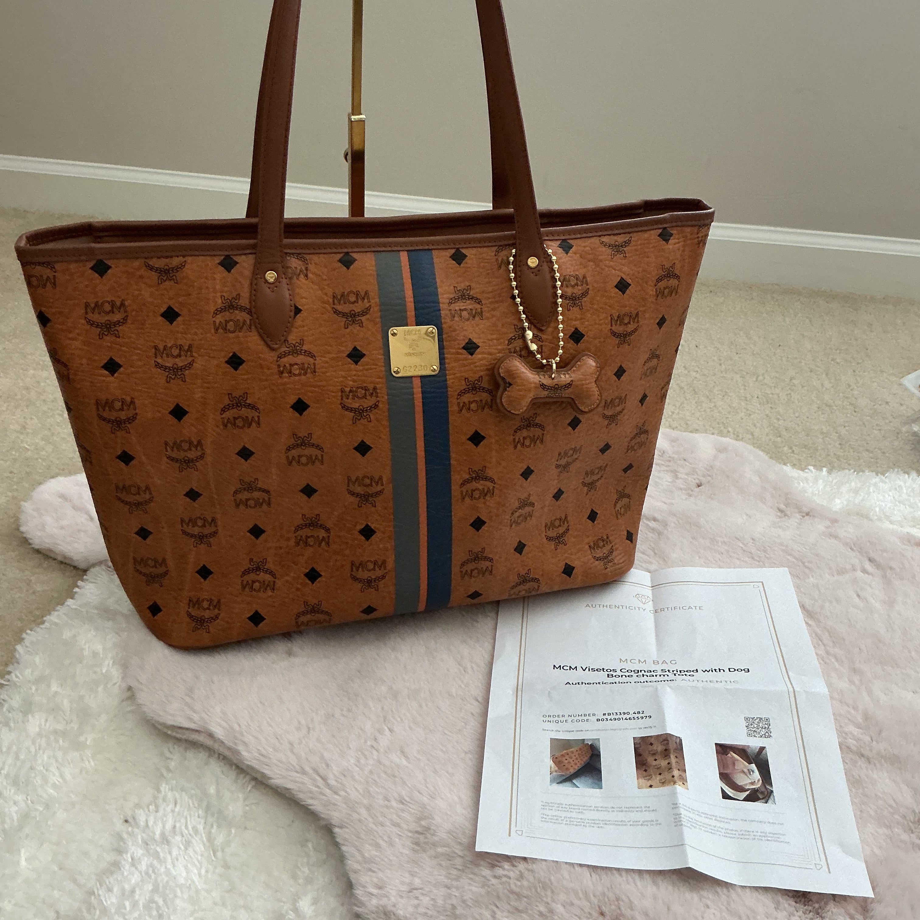 MCM Visetos Cognac Striped Tote Bag with Dog Bone Charm + Matching Zippy Wallet Set