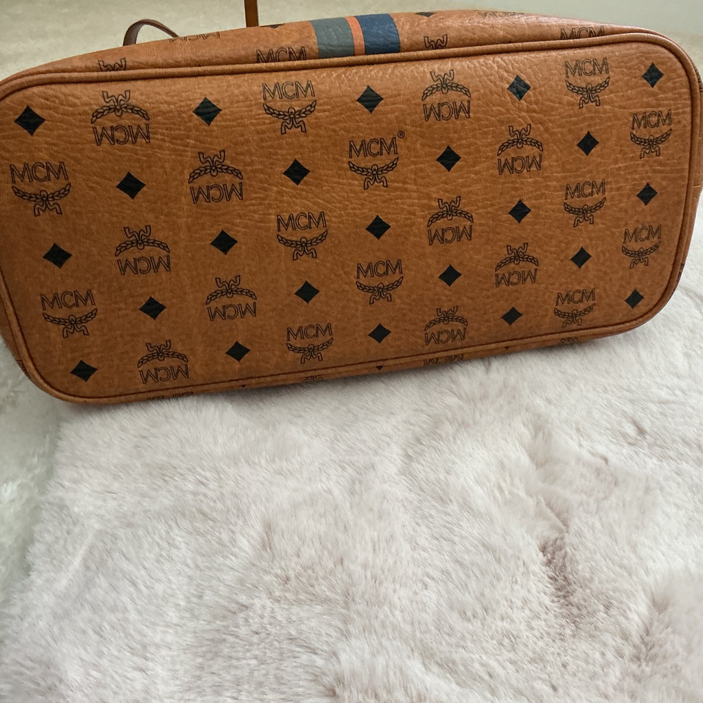 MCM Visetos Cognac Striped Tote Bag with Dog Bone Charm + Matching Zippy Wallet Set