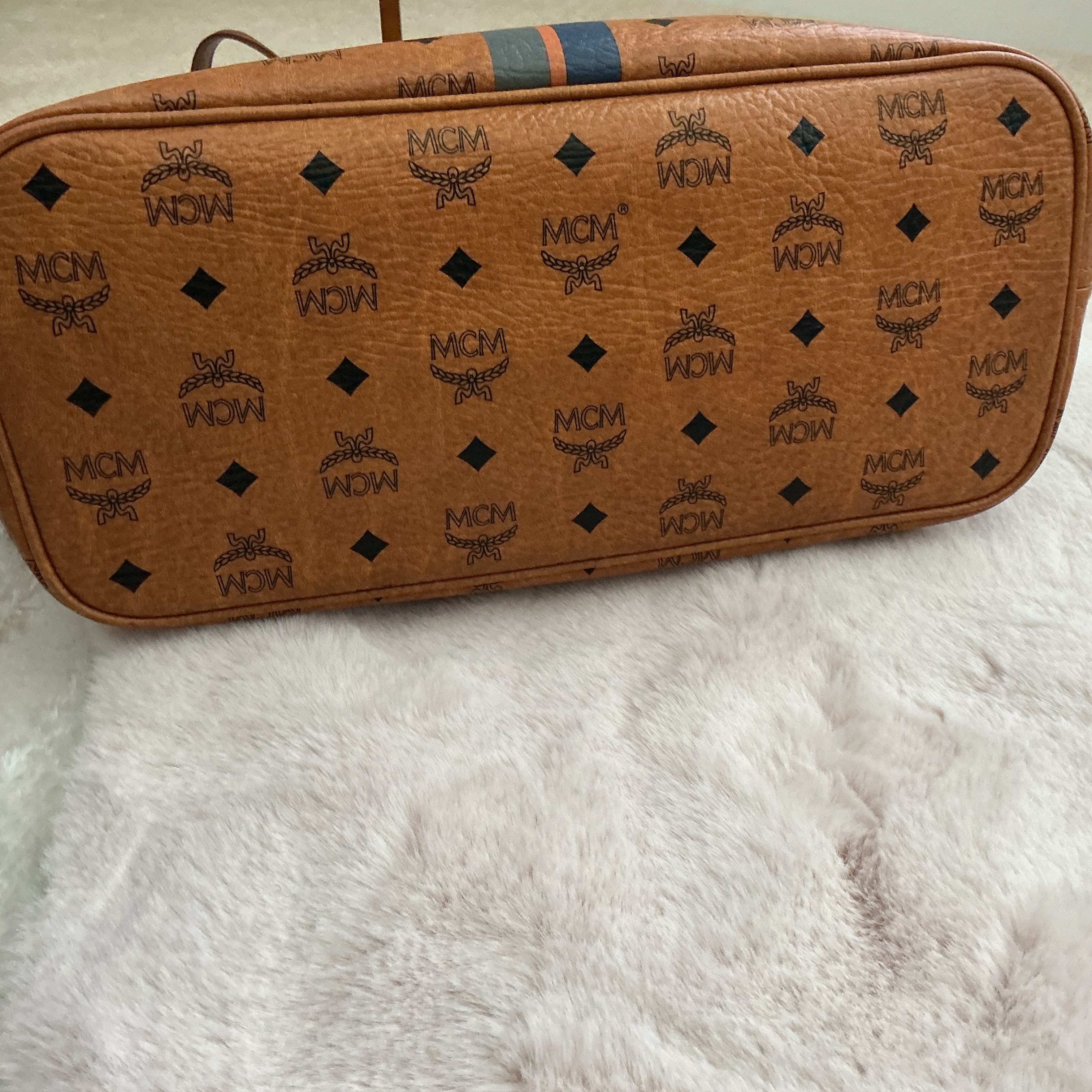 MCM Visetos Cognac Striped Tote Bag with Dog Bone Charm + Matching Zippy Wallet Set