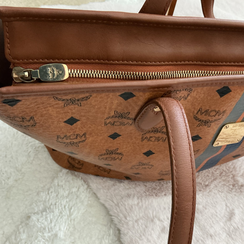 MCM Visetos Cognac Striped Tote Bag with Dog Bone Charm + Matching Zippy Wallet Set