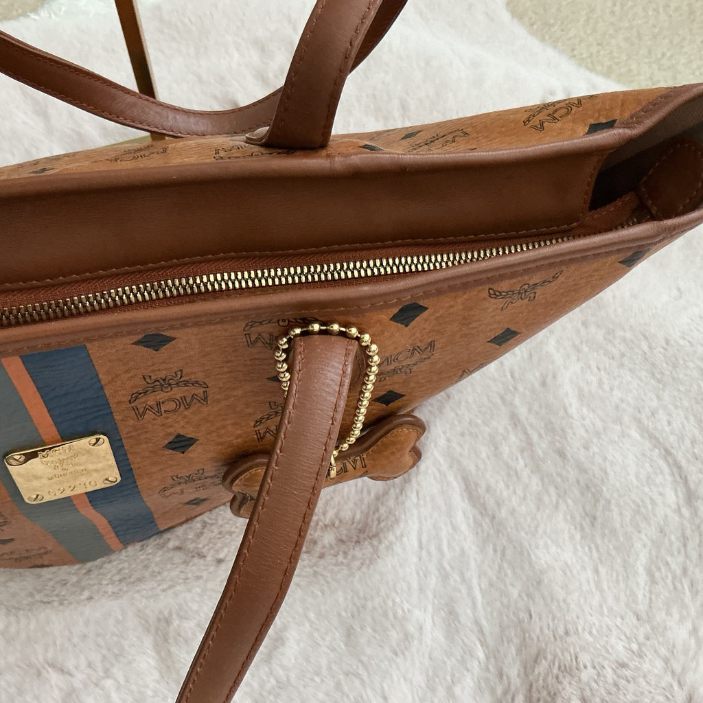 MCM Visetos Cognac Striped Tote Bag with Dog Bone Charm + Matching Zippy Wallet Set