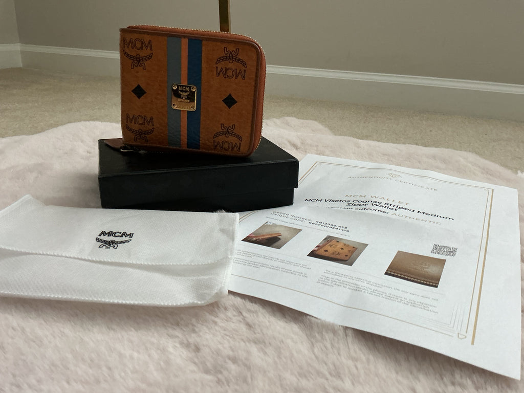 MCM Visetos Cognac Striped Tote Bag with Dog Bone Charm + Matching Zippy Wallet Set