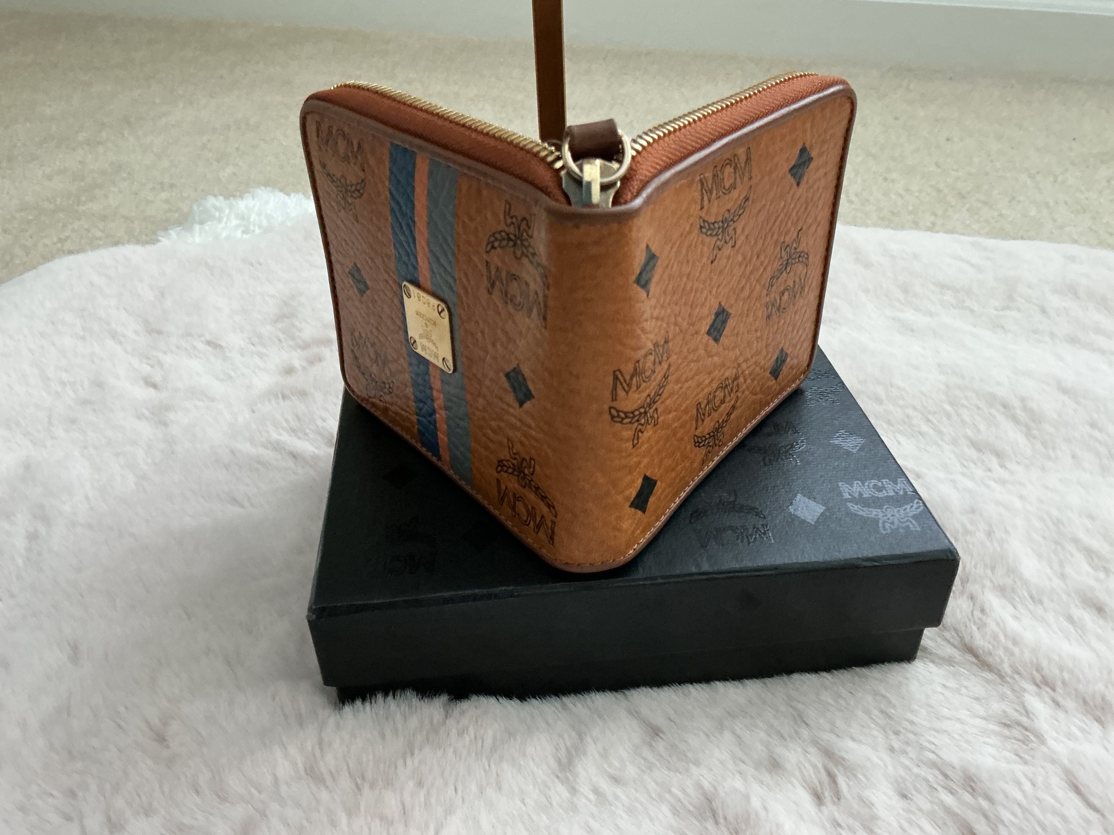 MCM Visetos Cognac Striped Tote Bag with Dog Bone Charm + Matching Zippy Wallet Set