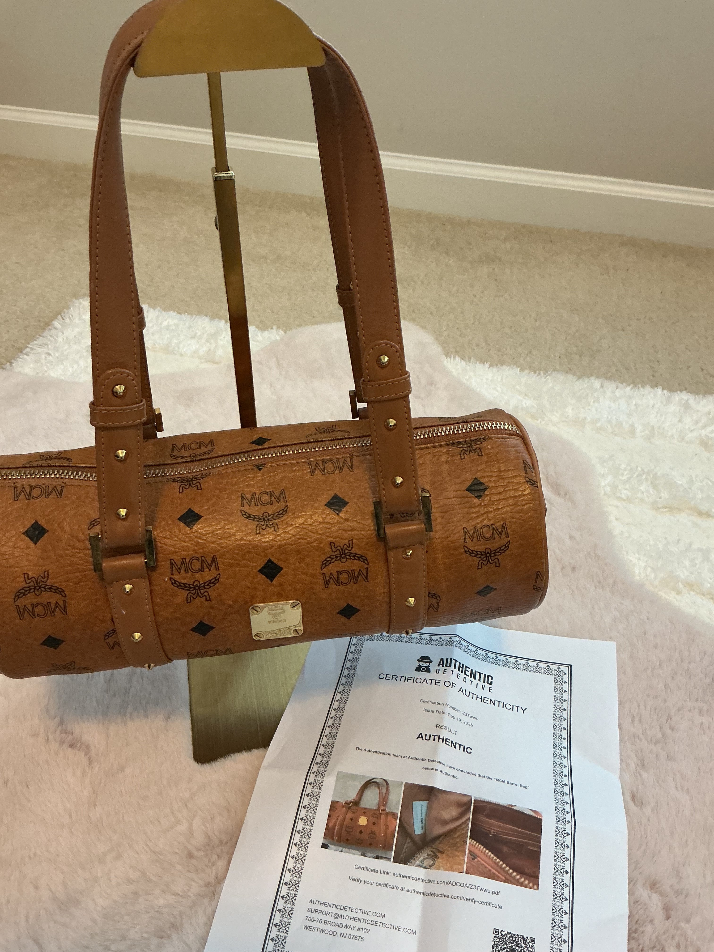 MCM VISETOS COGNAC MONOGRAM BARREL BAG