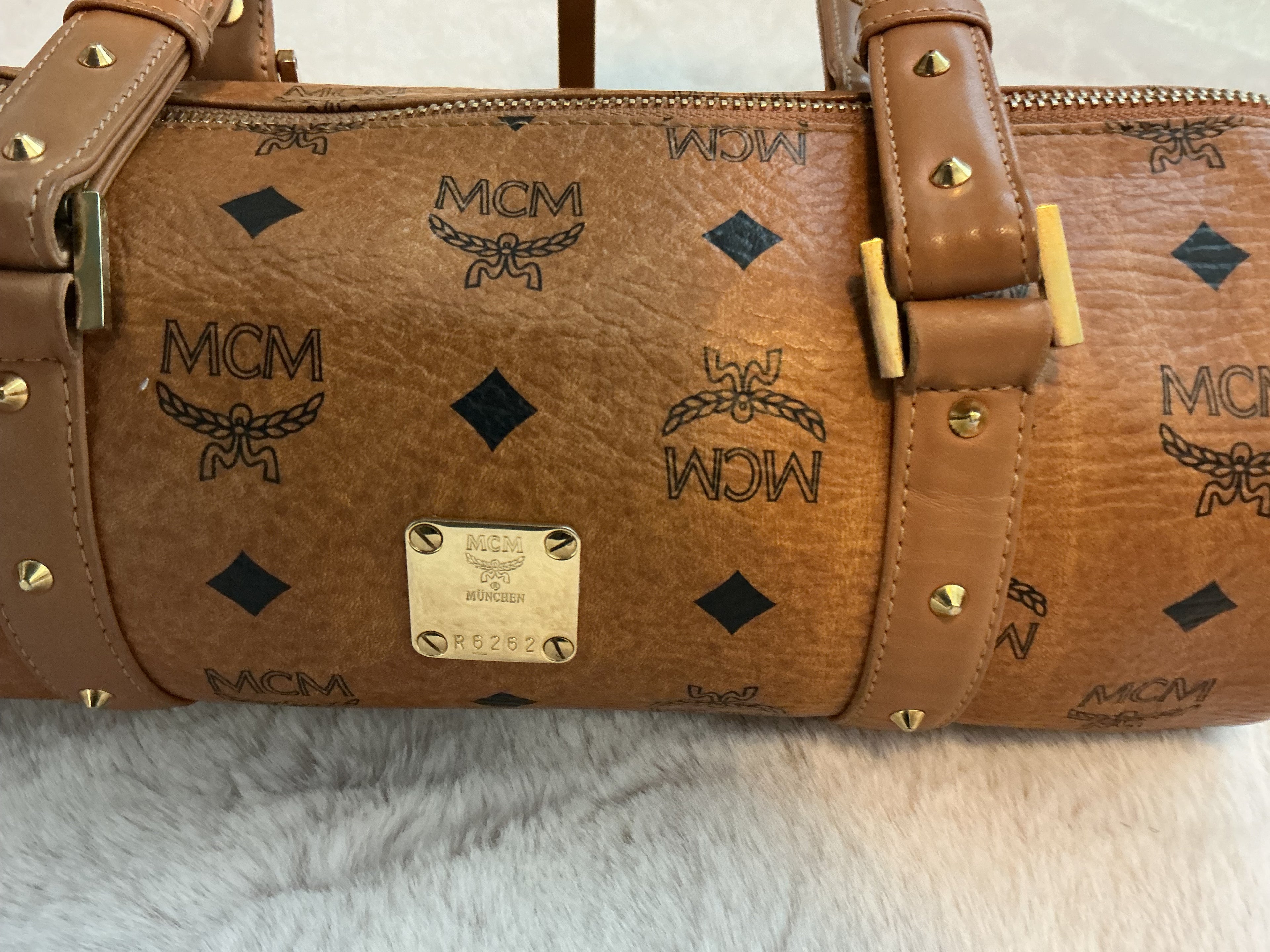 MCM VISETOS COGNAC MONOGRAM BARREL BAG
