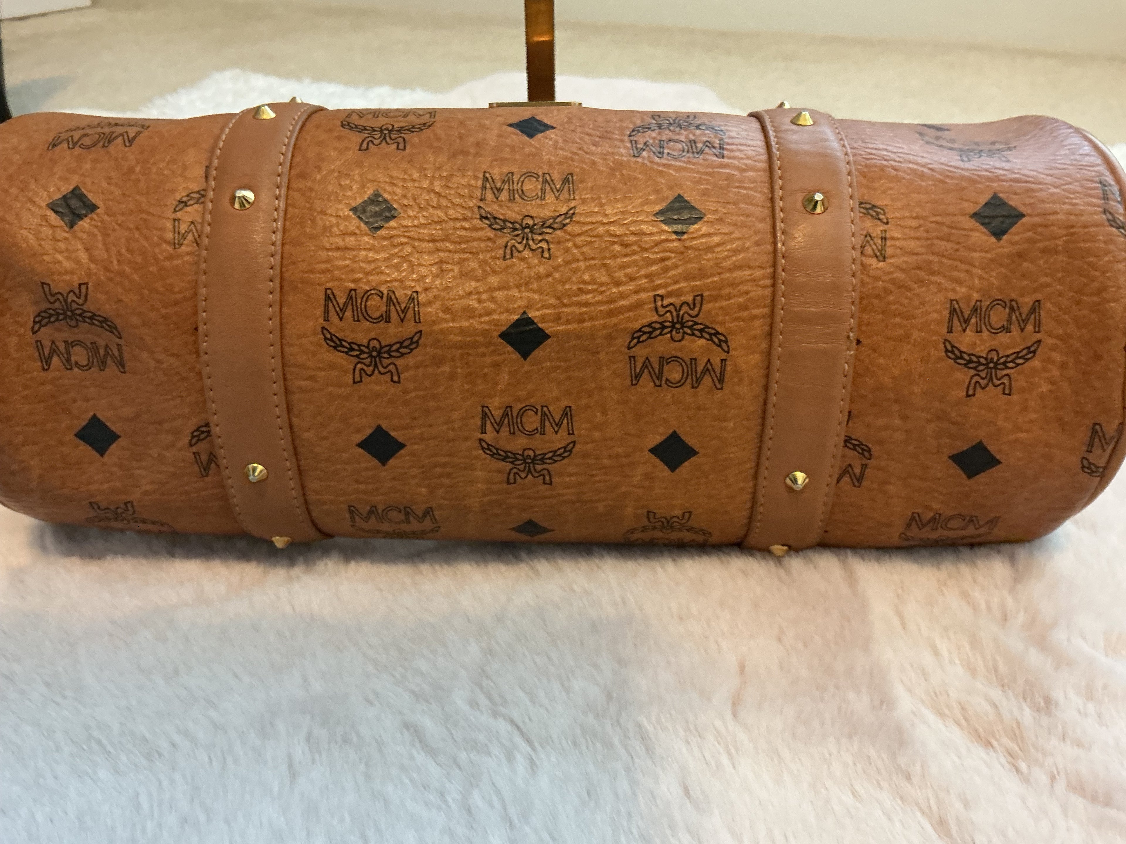 MCM VISETOS COGNAC MONOGRAM BARREL BAG
