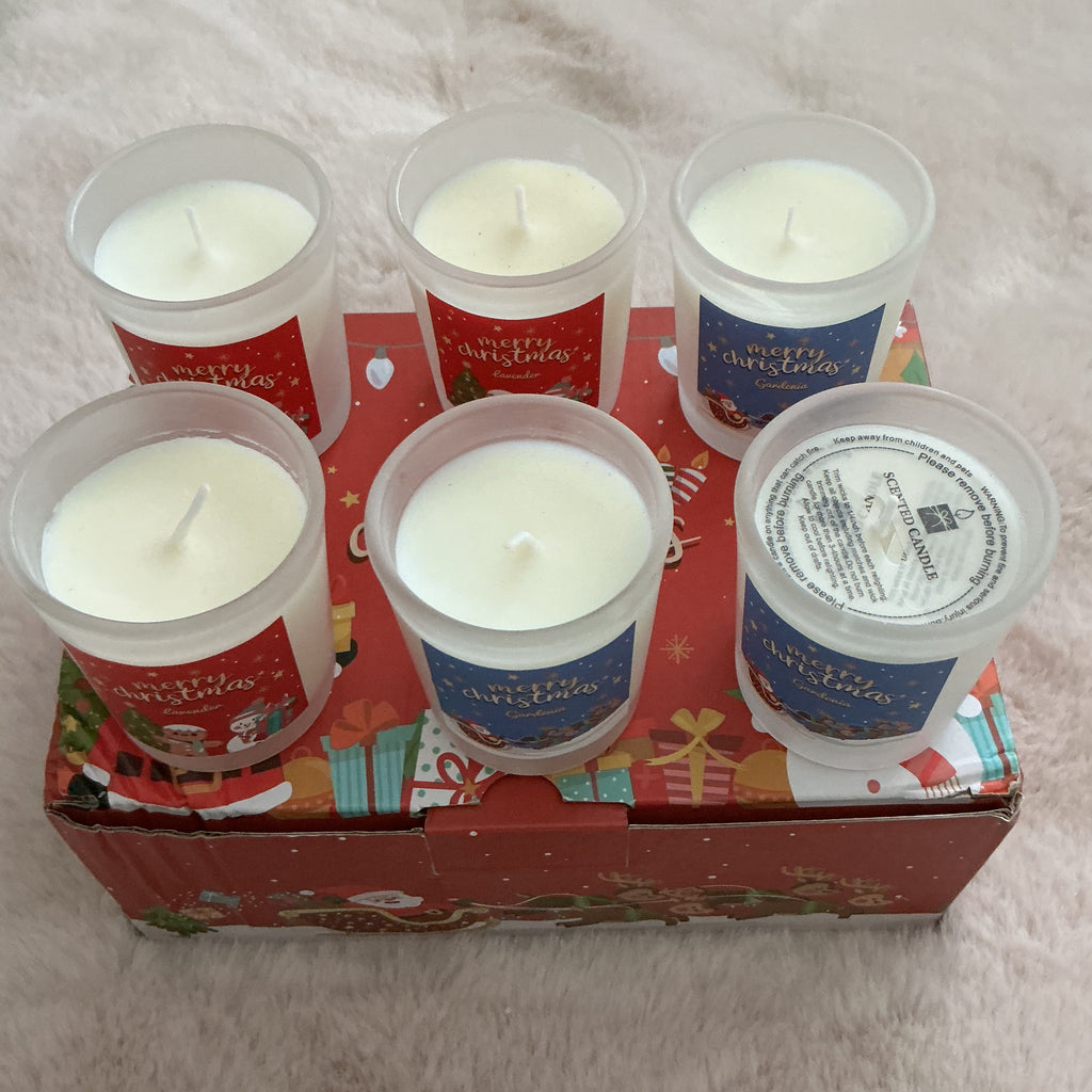 HOLIDAY THEMED SET OF 6 VOTIVE CANDLES WITH GIFT BOX