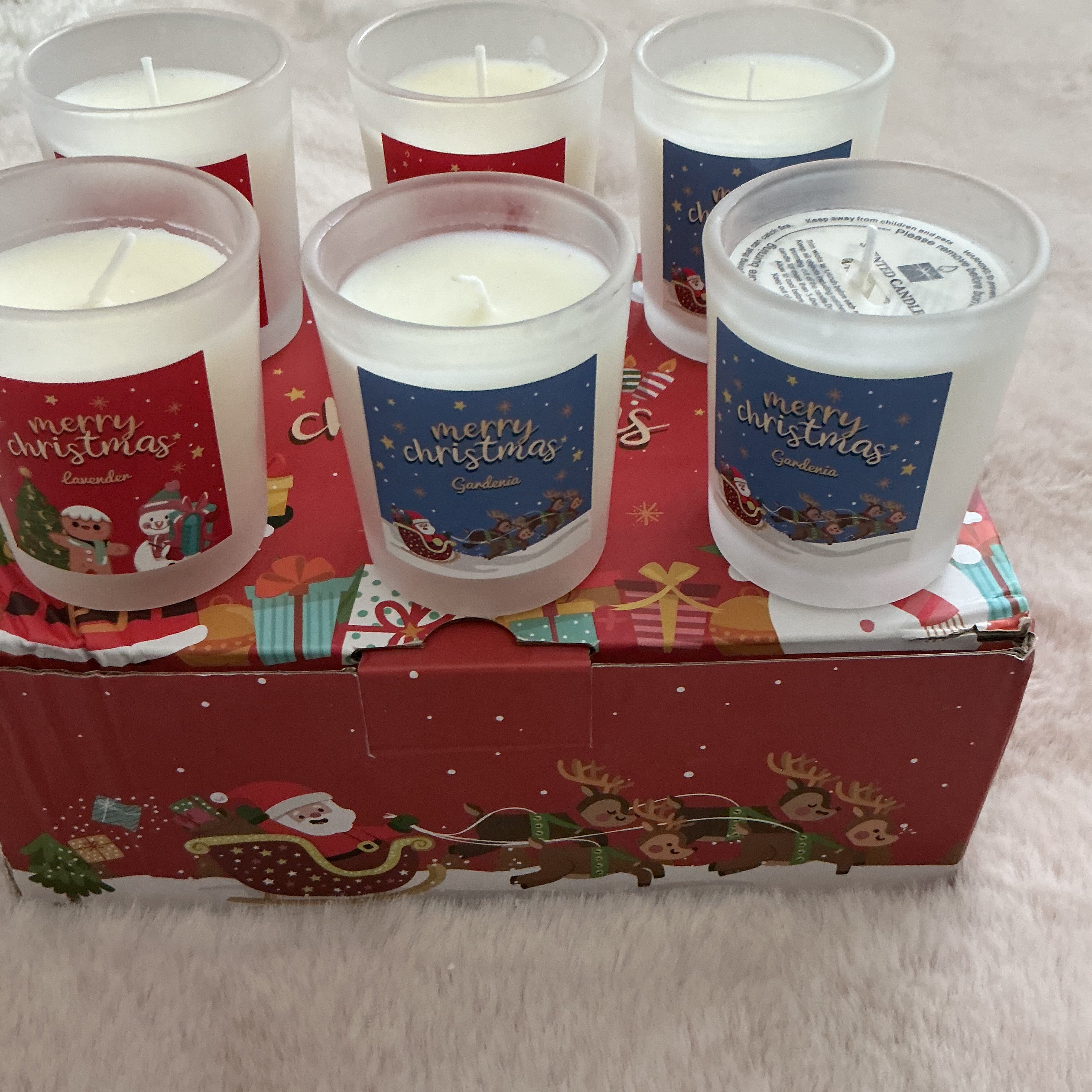 HOLIDAY THEMED SET OF 6 VOTIVE CANDLES WITH GIFT BOX