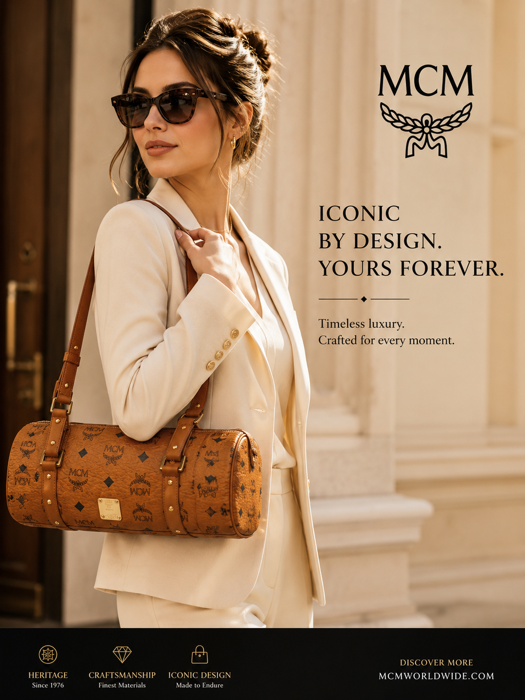 MCM VISETOS COGNAC MONOGRAM BARREL BAG