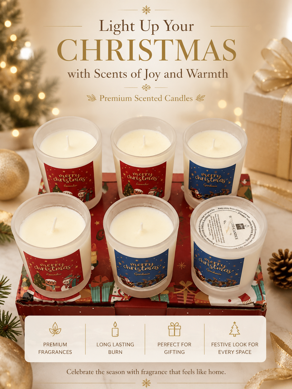 HOLIDAY THEMED SET OF 6 VOTIVE CANDLES WITH GIFT BOX
