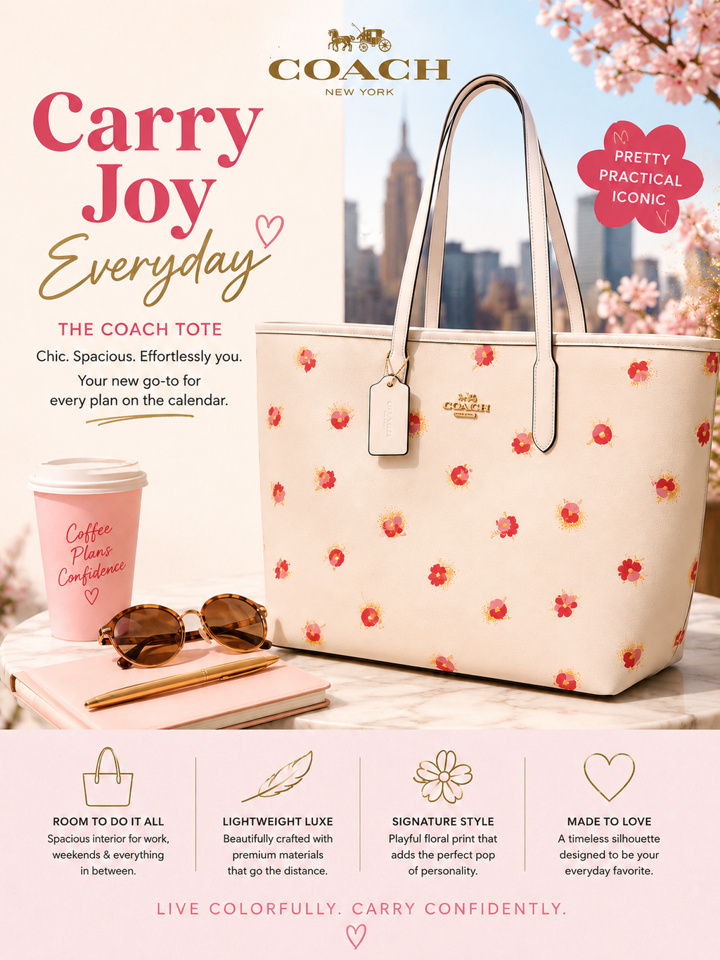 COACH FLORAL CITY CHALK TOTE