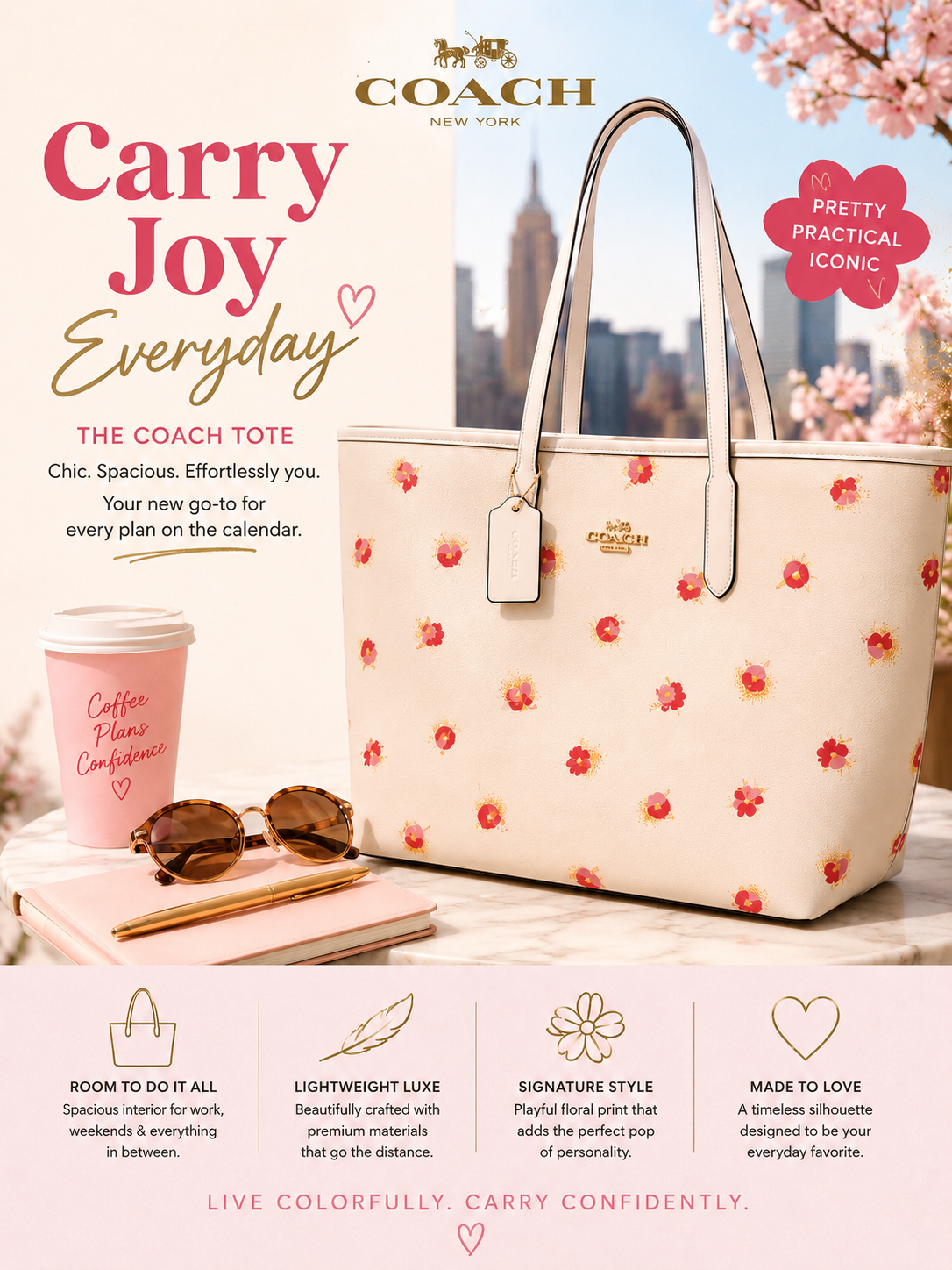 COACH FLORAL CITY CHALK TOTE
