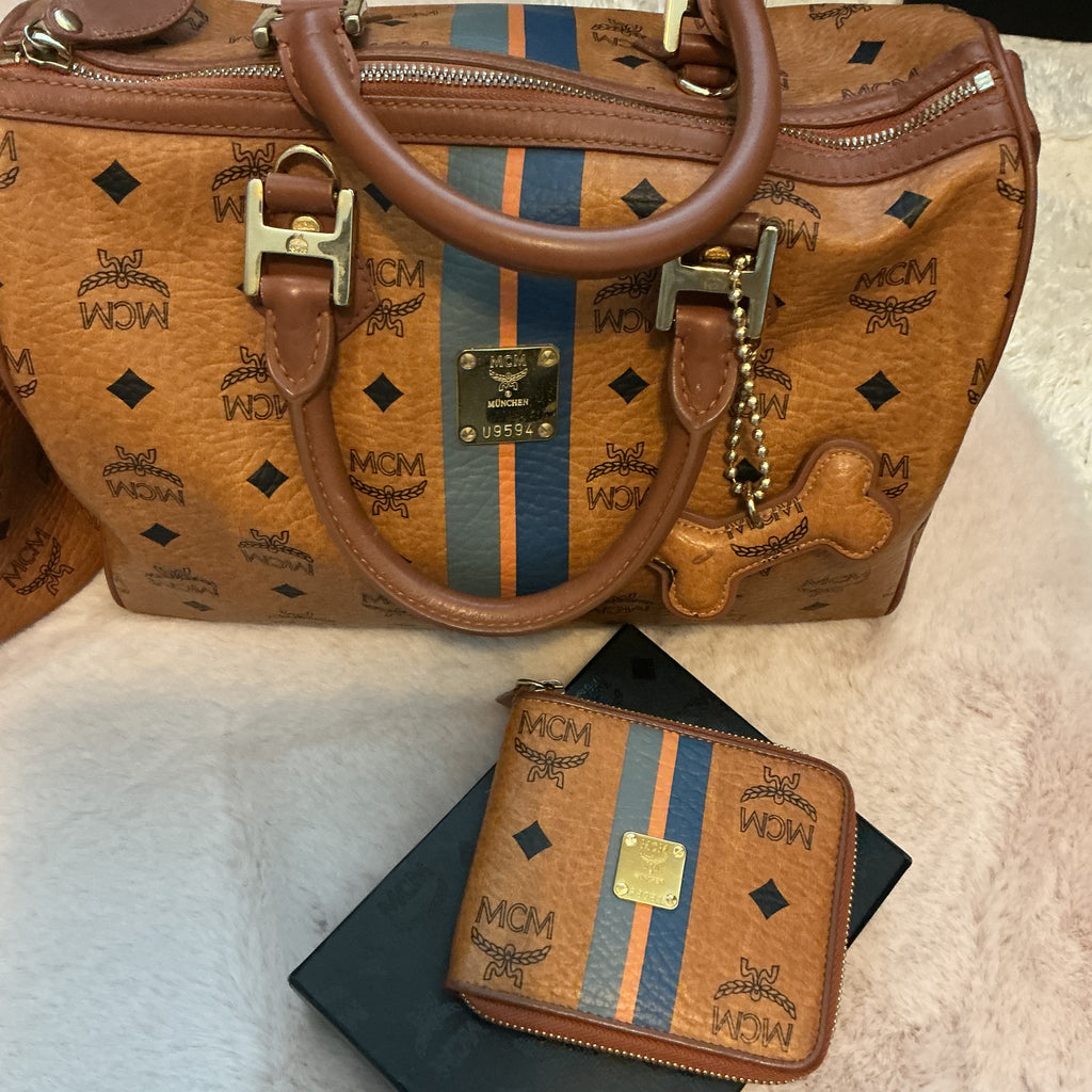 MCM Visetos Cognac Striped Tote Bag with Dog Bone Charm + Matching Zippy Wallet Set