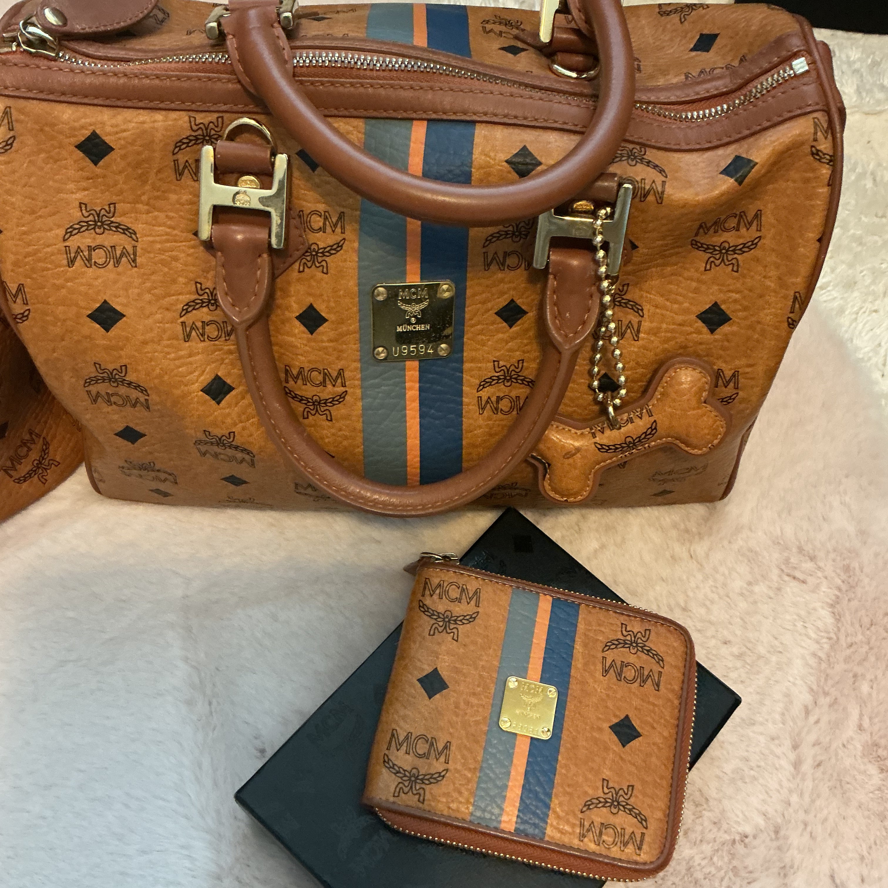 MCM Visetos Cognac Striped Tote Bag with Dog Bone Charm + Matching Zippy Wallet Set