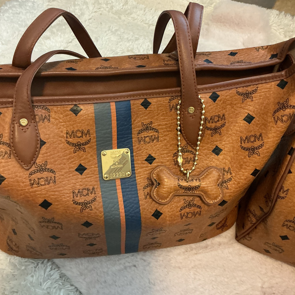 MCM Visetos Cognac Striped Tote Bag with Dog Bone Charm + Matching Zippy Wallet Set