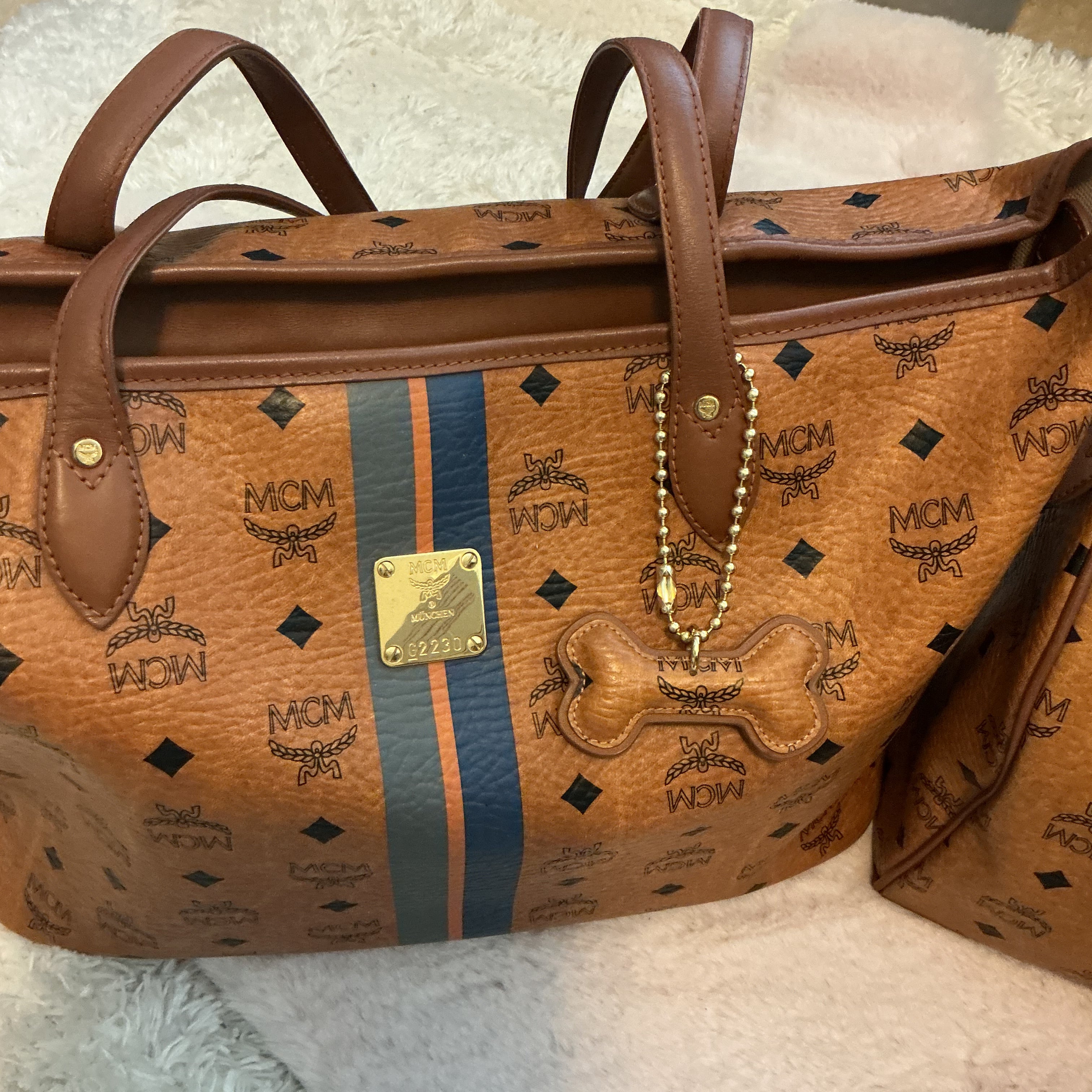 MCM Visetos Cognac Striped Tote Bag with Dog Bone Charm + Matching Zippy Wallet Set
