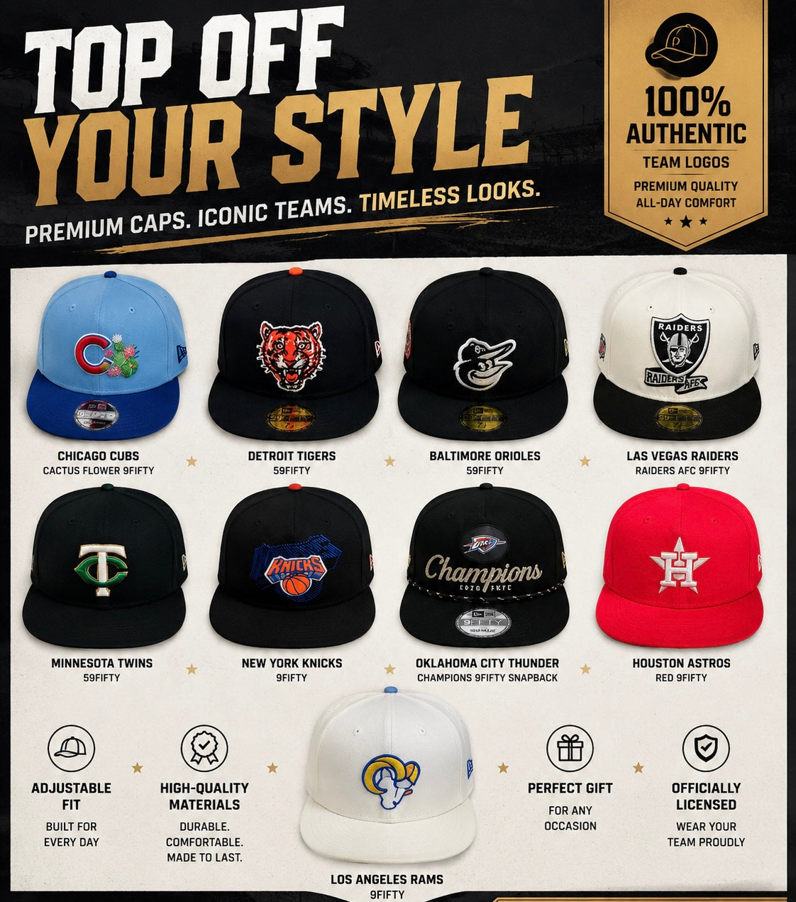 LOT OF 9 SPORTS BASEBALL CAPS