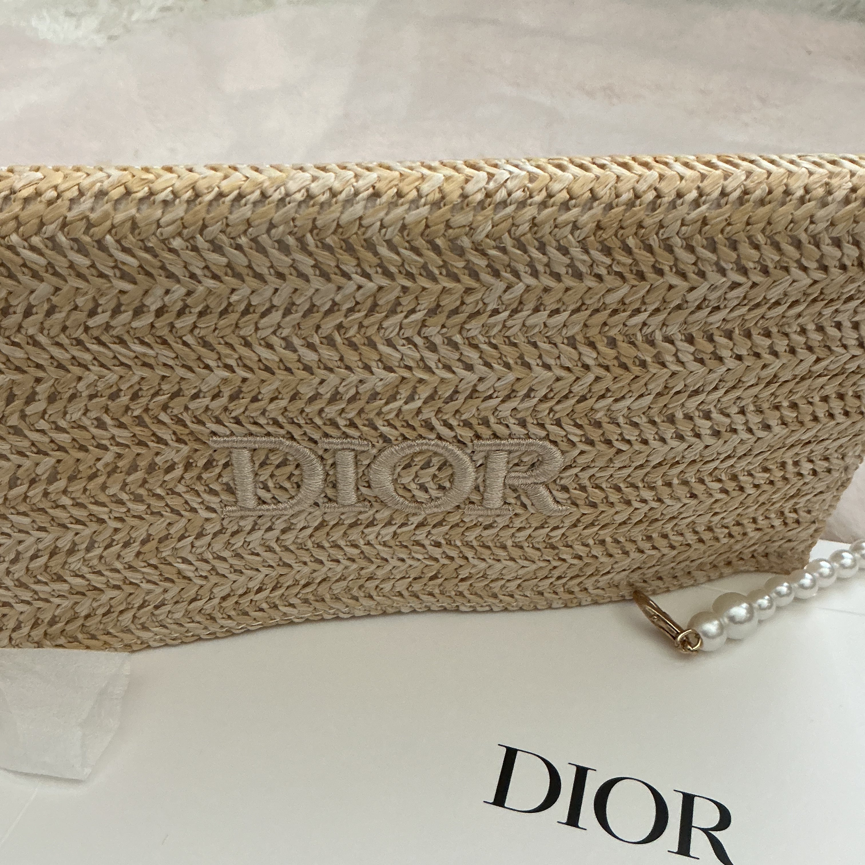 DIOR RAFFIA CLUTCH WITH SHOULDER BEADED STRAP GWP ITEM