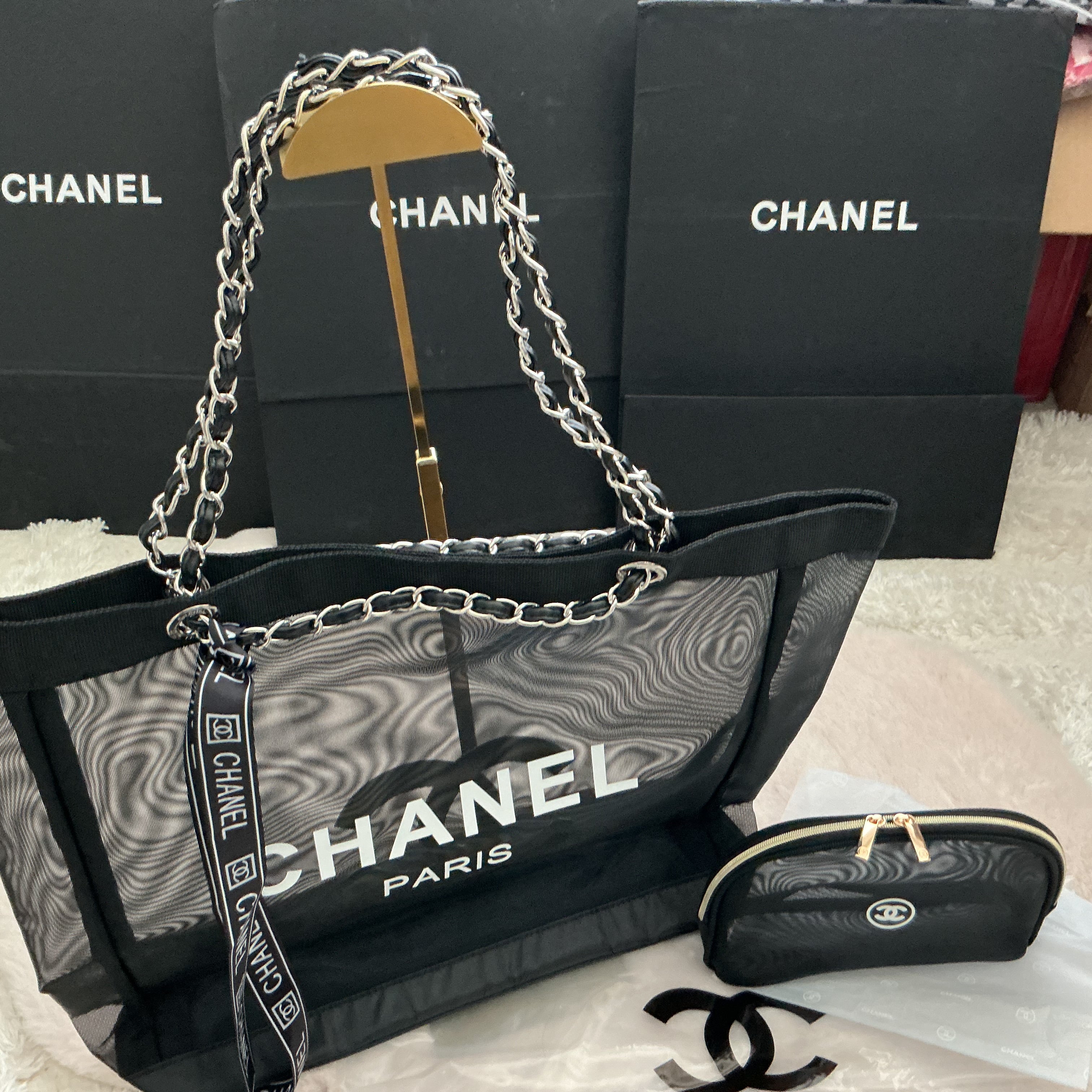 CHANEL LARGE MESH TOTE WITH MATCHING POUCH GWP ITEM