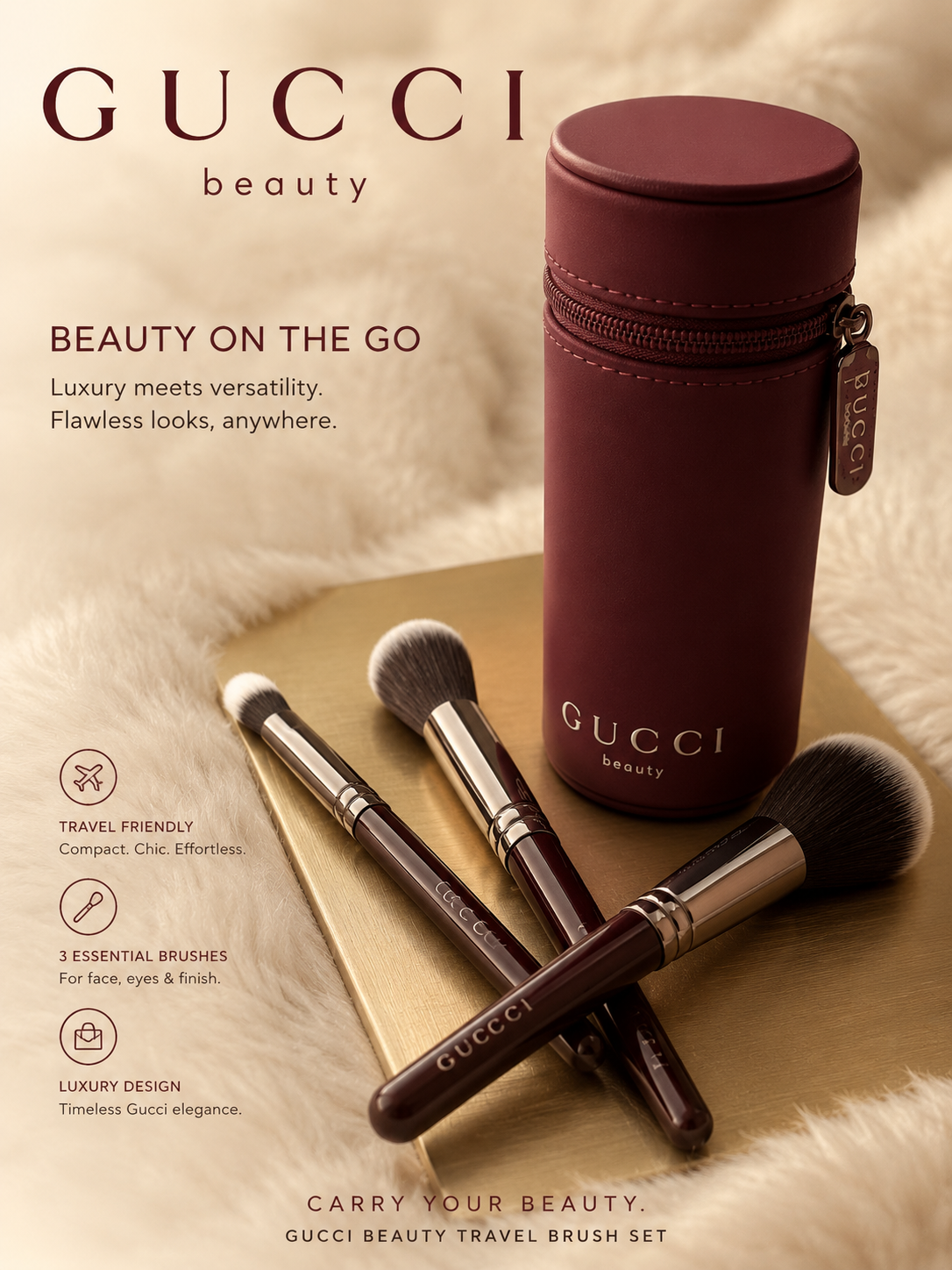 GUCCI BEAUTY MAKE UP 3 BRUSH SET WITH TRAVEL CASE GWP ITEM