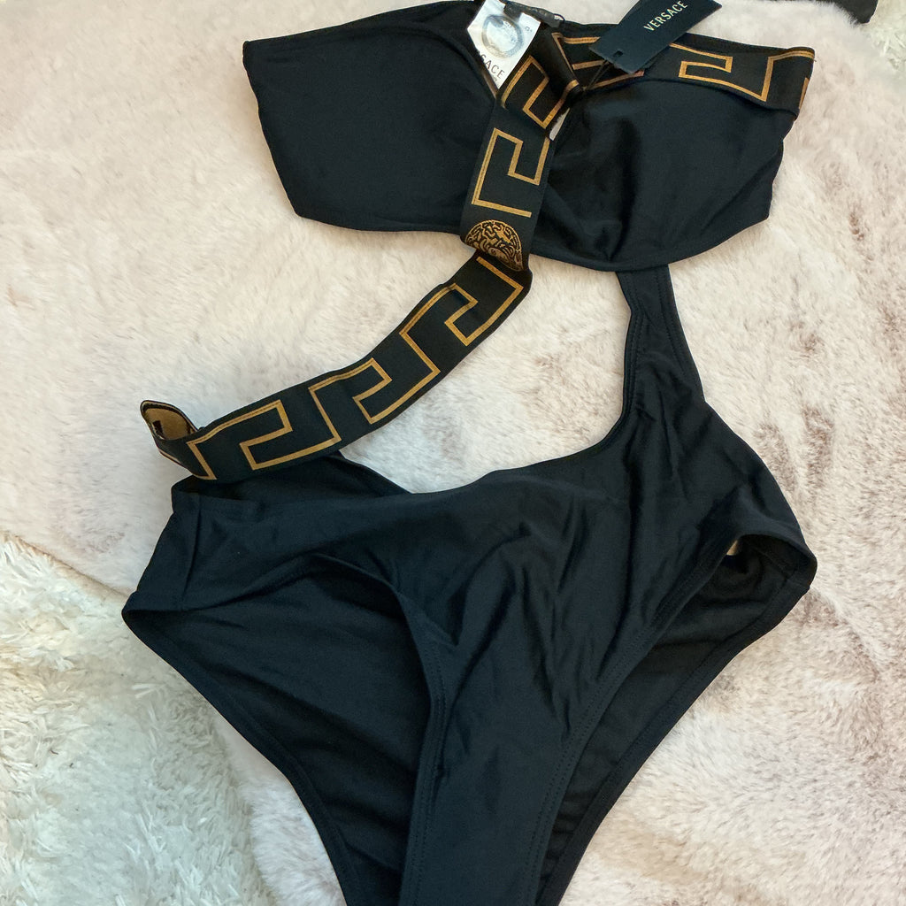 VERSACE GRECA BORDER ONE SHOULDER CUT OUT SWIMSUIT