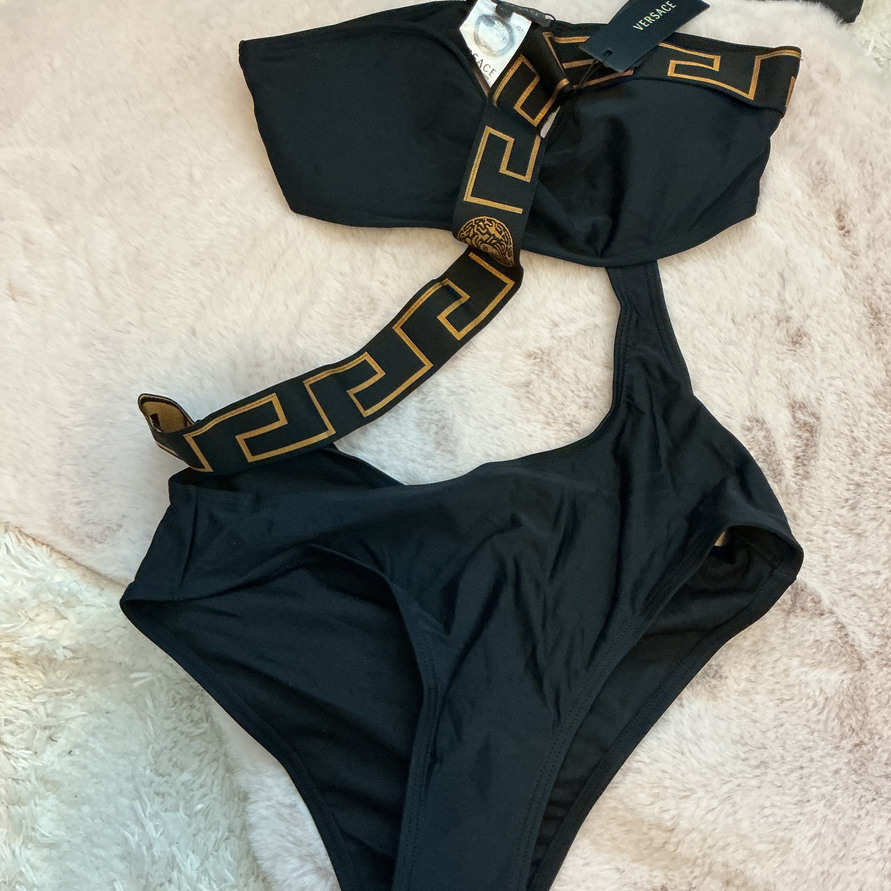 VERSACE GRECA BORDER ONE SHOULDER CUT OUT SWIMSUIT