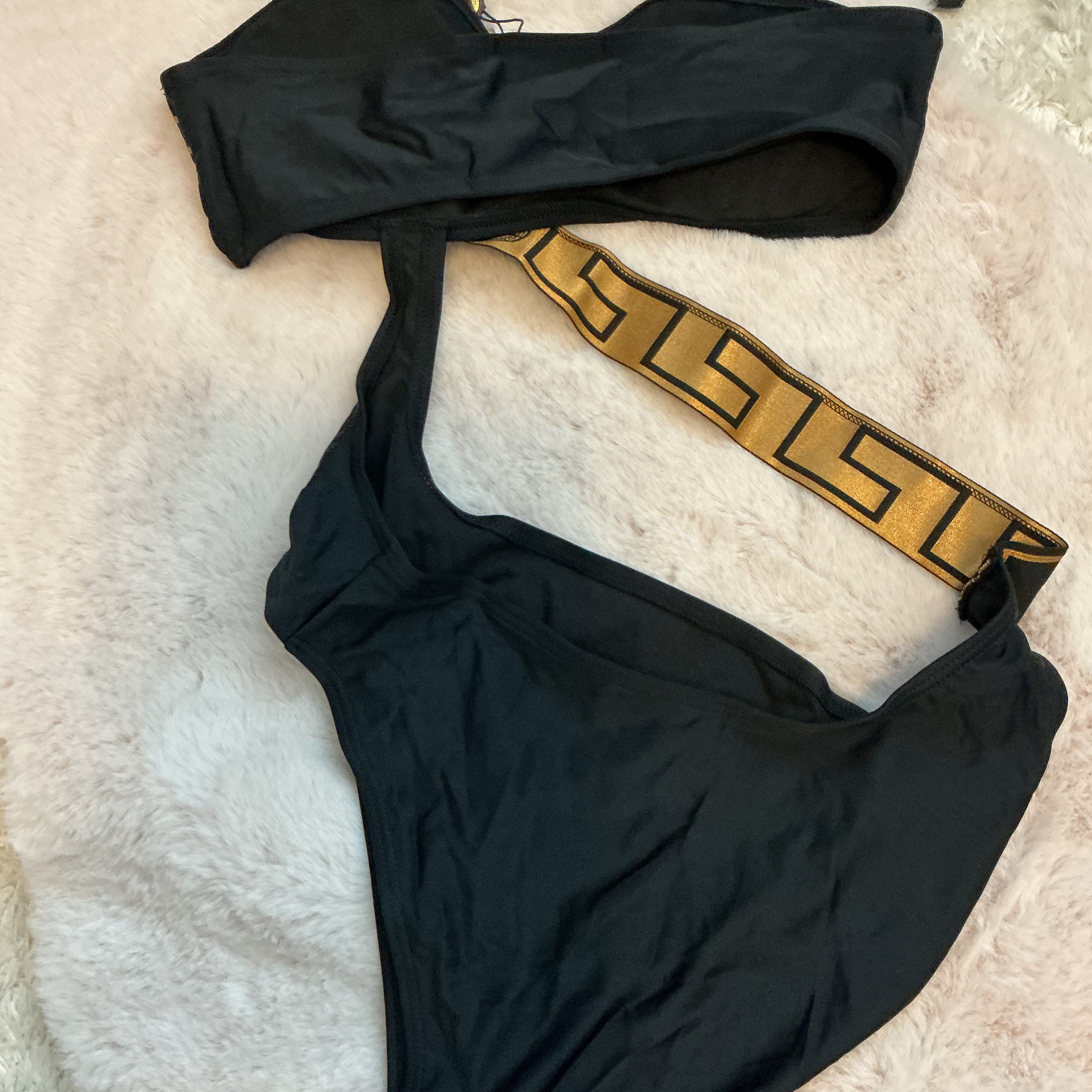 VERSACE GRECA BORDER ONE SHOULDER CUT OUT SWIMSUIT