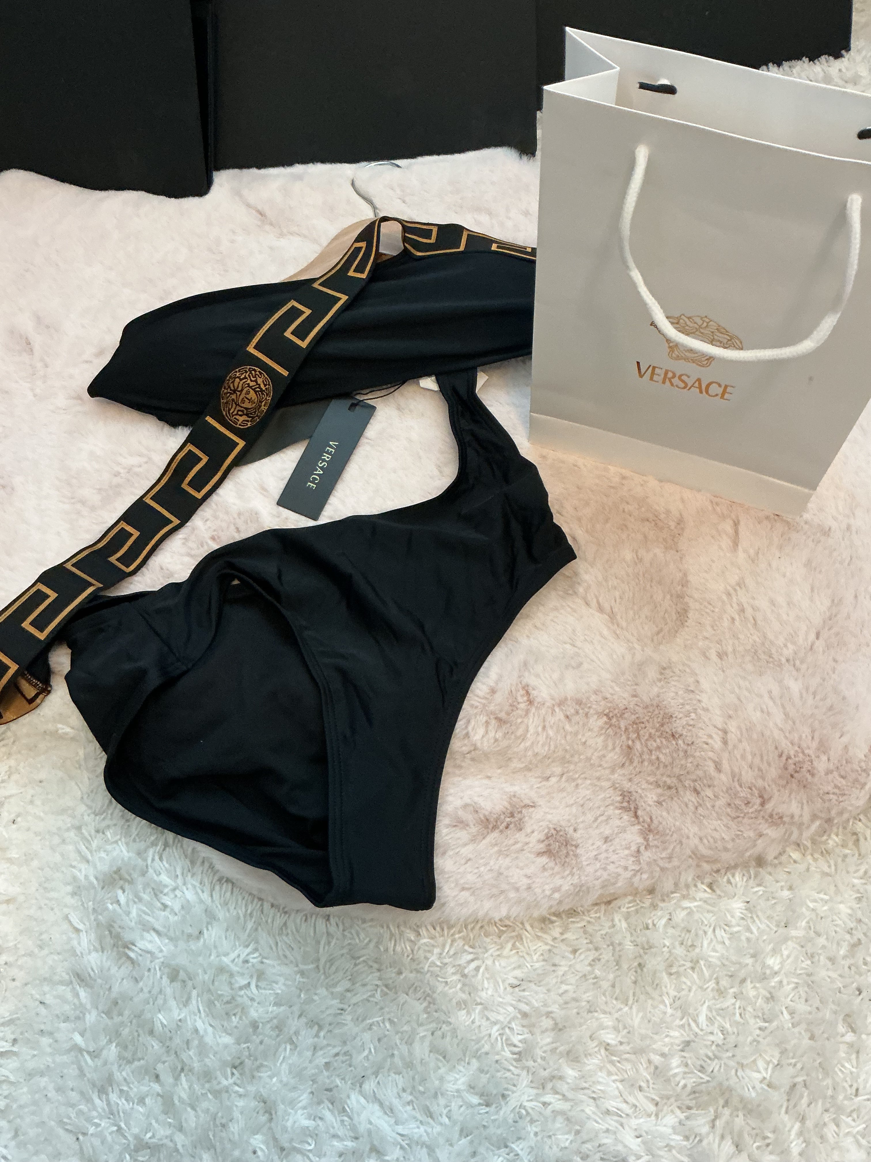 VERSACE GRECA BORDER ONE SHOULDER CUT OUT SWIMSUIT