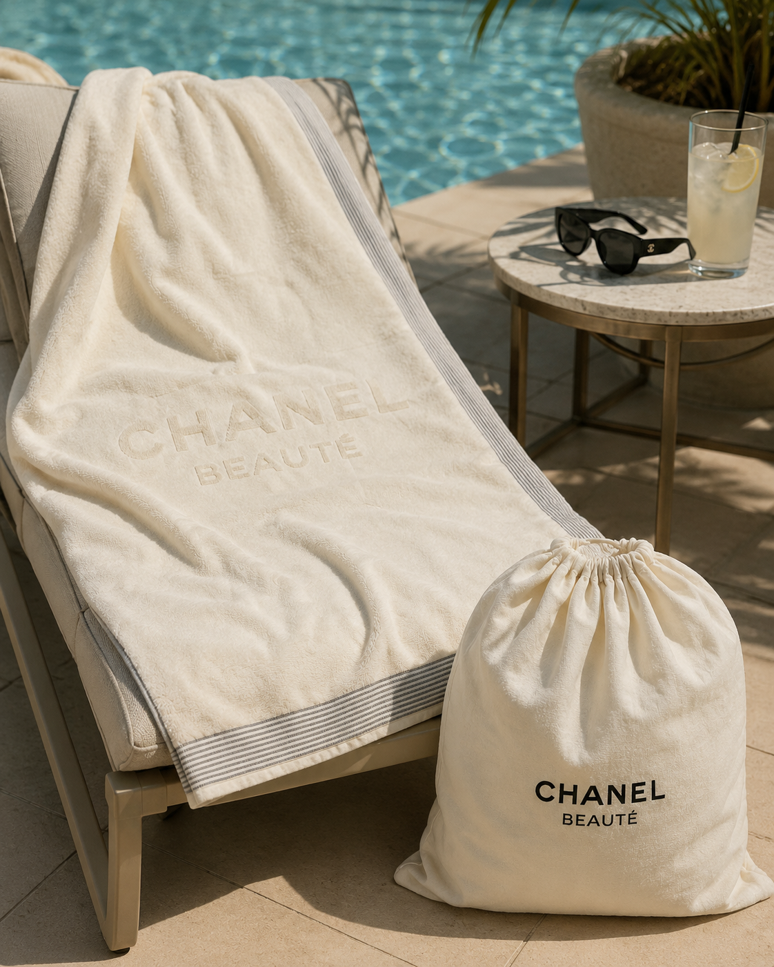 CHANEL BEAUTE BEACH/POOL TOWEL WITH CANVAS CARRYING BAG GWP ITEM