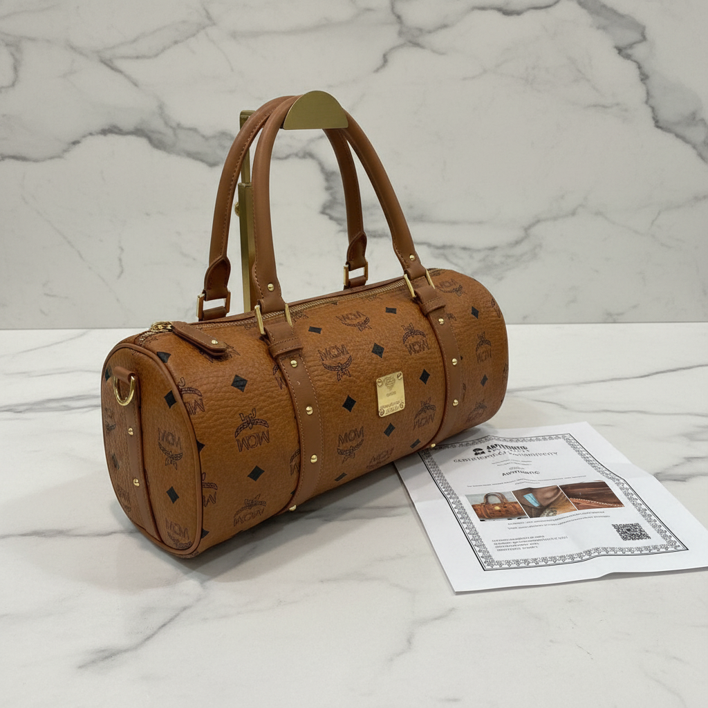MCM VISETOS COGNAC MONOGRAM BARREL BAG