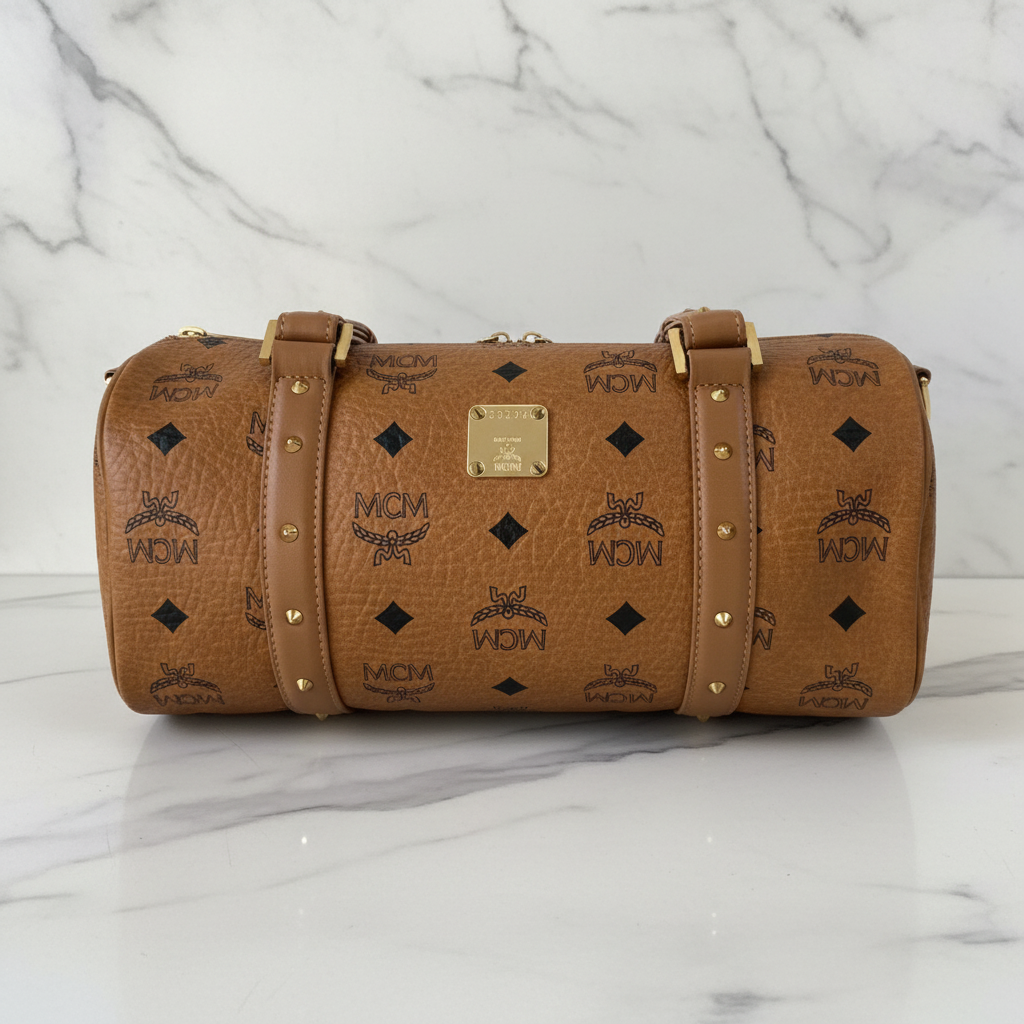 MCM VISETOS COGNAC MONOGRAM BARREL BAG