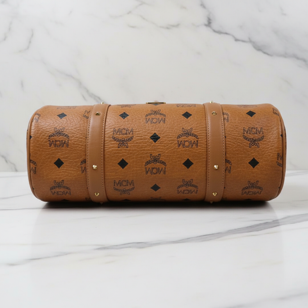 MCM VISETOS COGNAC MONOGRAM BARREL BAG