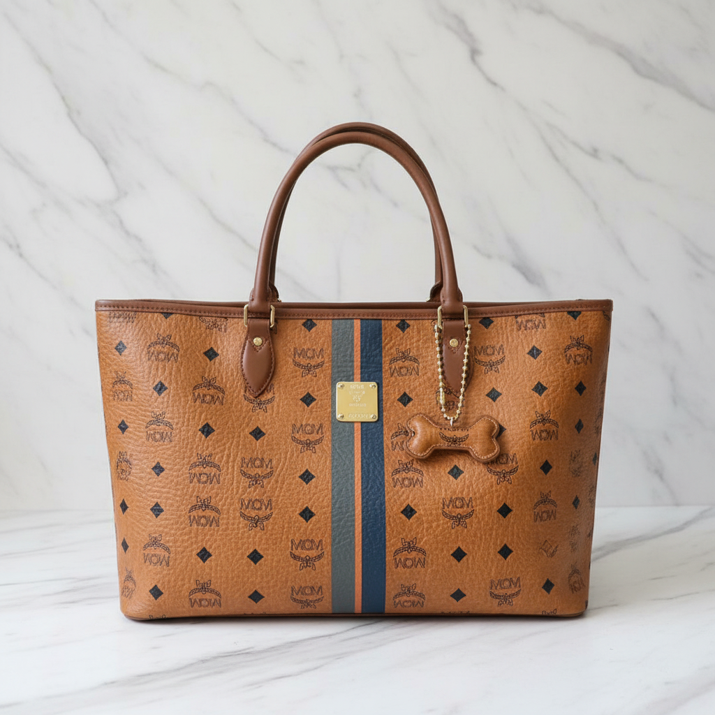 MCM Visetos Cognac Striped Tote Bag with Dog Bone Charm + Matching Zippy Wallet Set