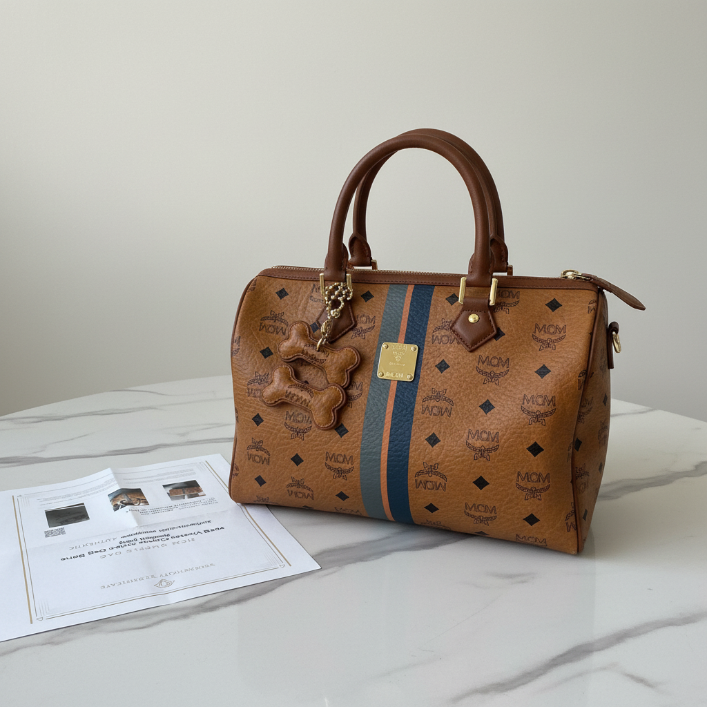 MCM Visetos Cognac Striped Tote Bag with Dog Bone Charm + Matching Zippy Wallet Set