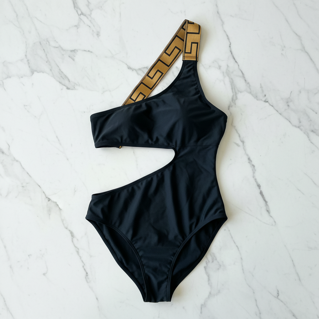 VERSACE GRECA BORDER ONE SHOULDER CUT OUT SWIMSUIT