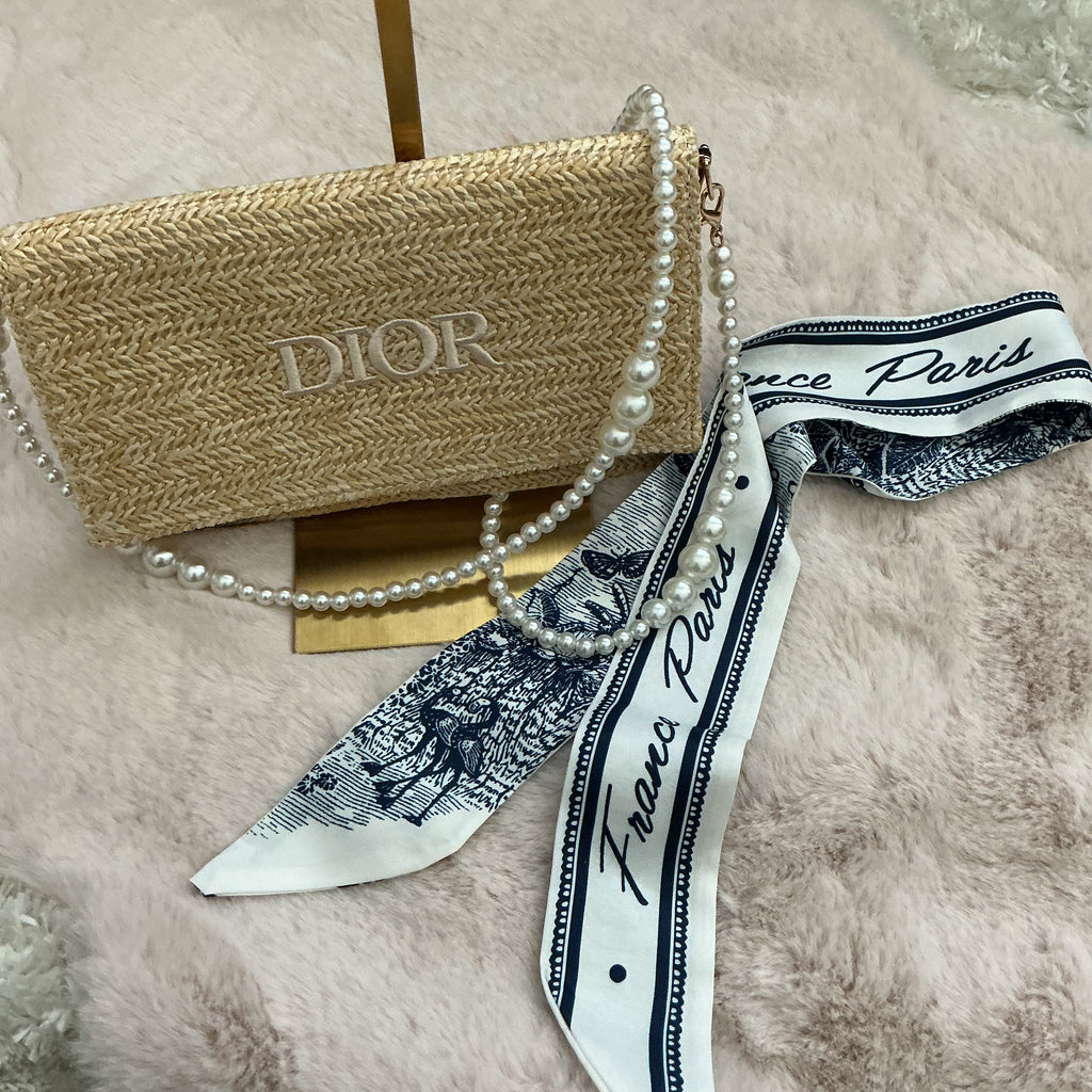 Dior Raffia Envelope Zipper Bag with Beaded Crossbody Chain and Twilly GWP ITEM