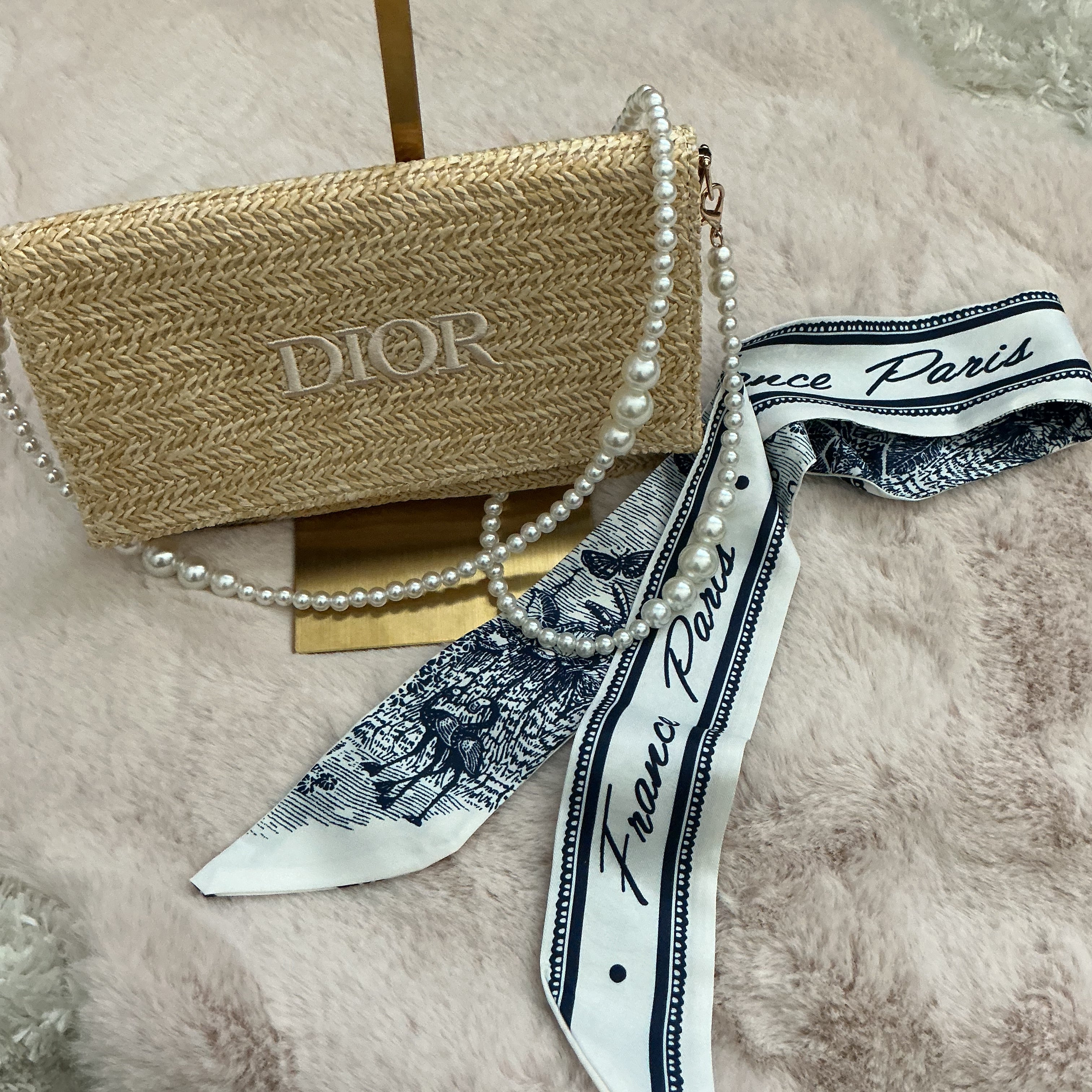 Dior Raffia Envelope Zipper Bag with Beaded Crossbody Chain and Twilly GWP ITEM