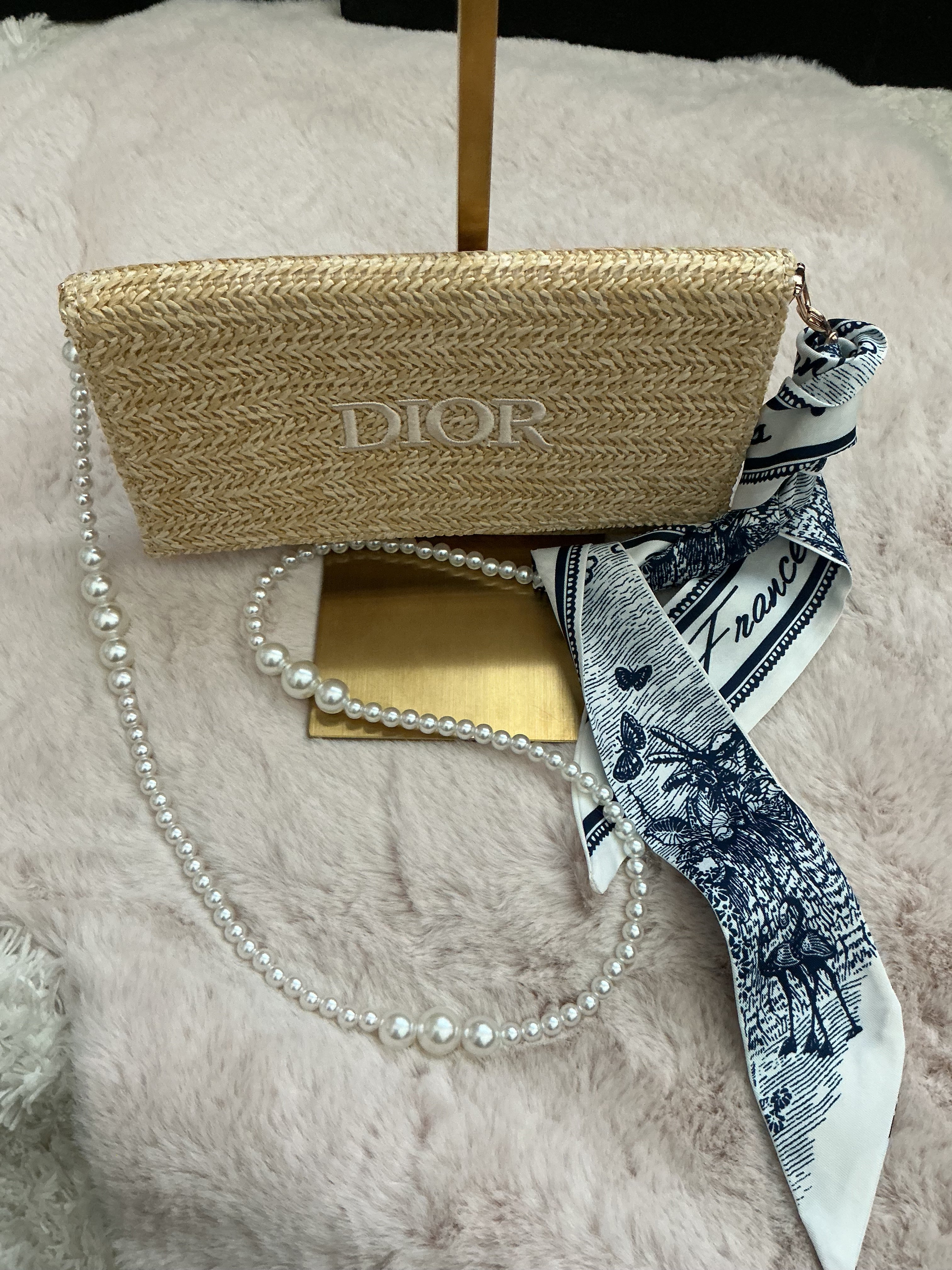 Dior Raffia Envelope Zipper Bag with Beaded Crossbody Chain and Twilly GWP ITEM