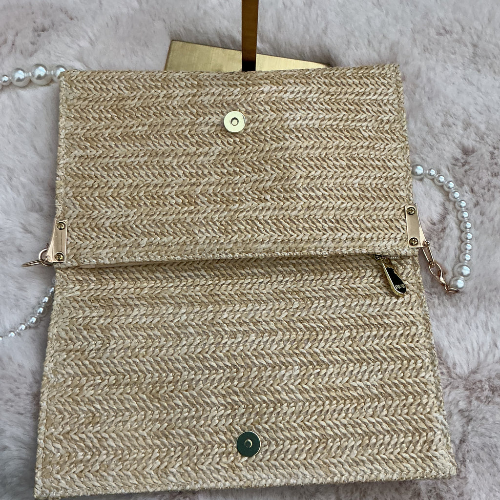 Dior Raffia Envelope Zipper Bag with Beaded Crossbody Chain and Twilly GWP ITEM