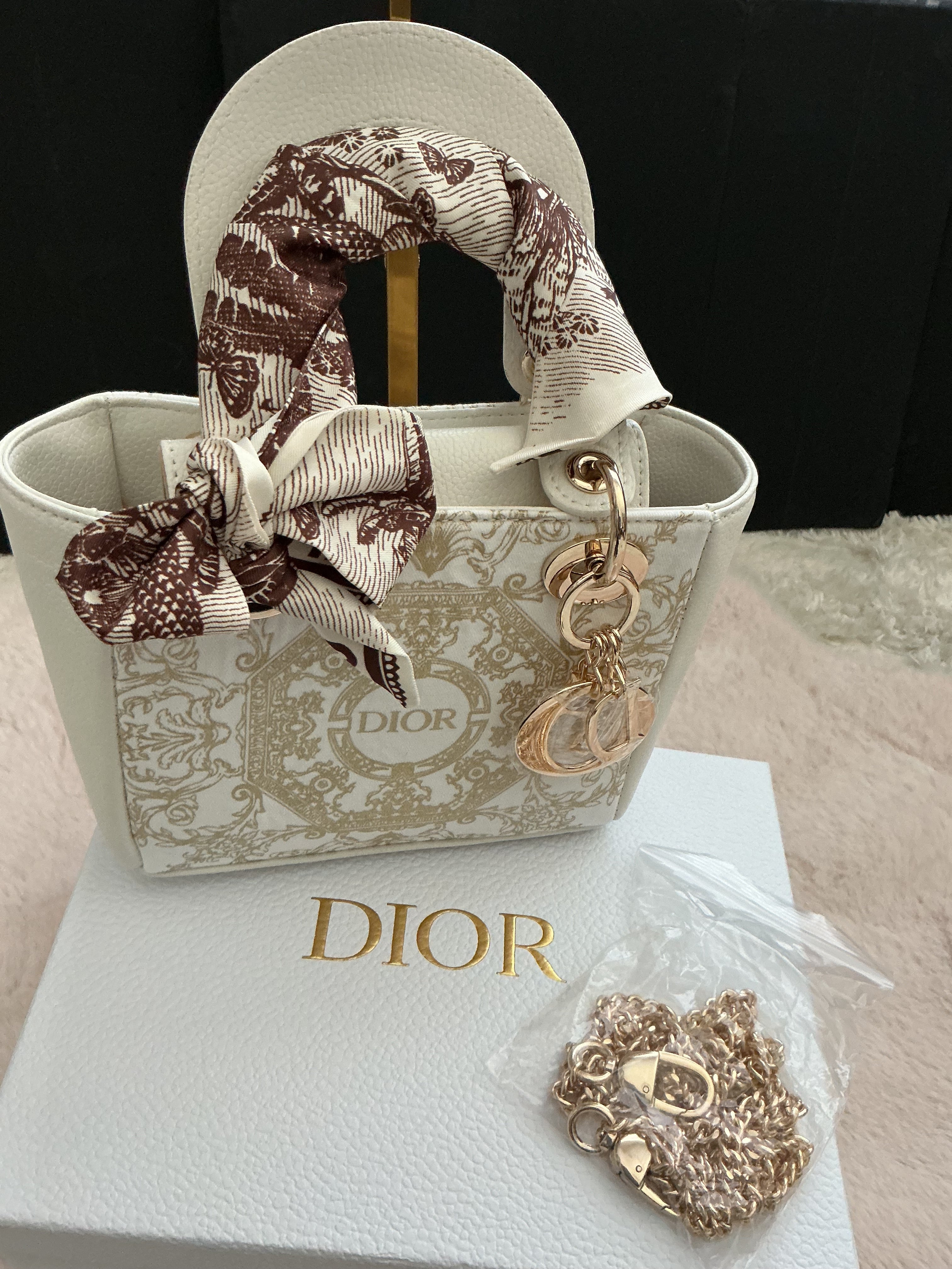 Dior Lady Hand Bag with Bag Charm,Twilly and Crossbody Chain VIP ITEM