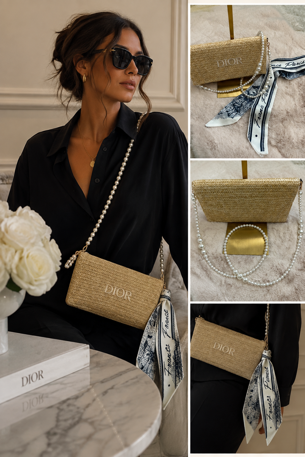 Dior Raffia Envelope Zipper Bag with Beaded Crossbody Chain and Twilly GWP ITEM