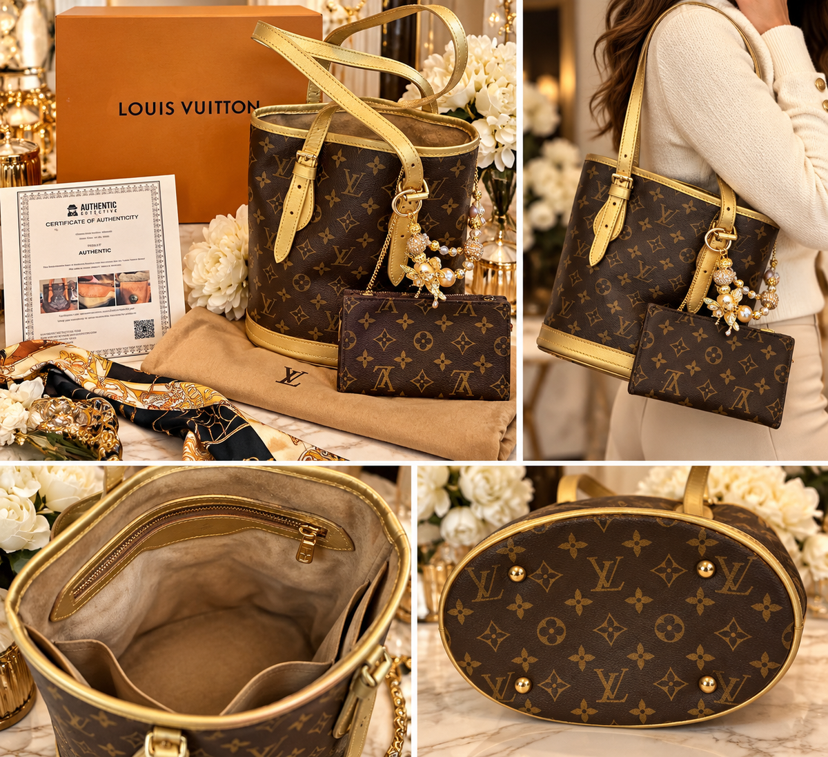 Louis Vuitton Petit PM Monogram Shoulder Bucket Bag with Mini Pouch