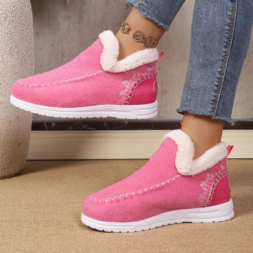 Women’s Winter Slip On Fuzzy Collar Ankle Booties Soft Felt Warm Fleece Lined Flat Non‑Slip Light Casual Daily Snow Boots
