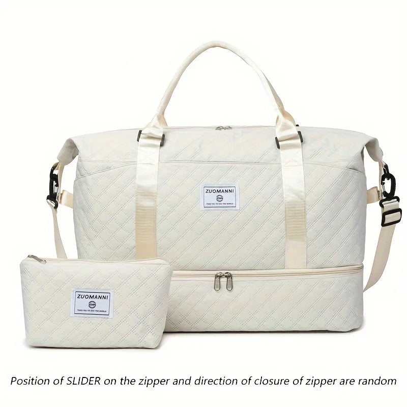 2pcs Set Large Capacity Travel Duffel Bag with Shoe Compartment and Cosmetic Pouch, Casual Nylon Gym Bag, Weekend Overnight Bag