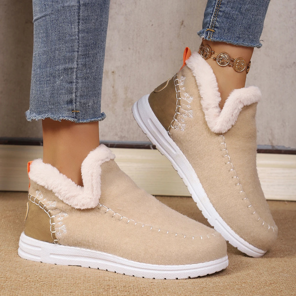 Women’s Winter Slip On Fuzzy Collar Ankle Booties Soft Felt Warm Fleece Lined Flat Non‑Slip Light Casual Daily Snow Boots