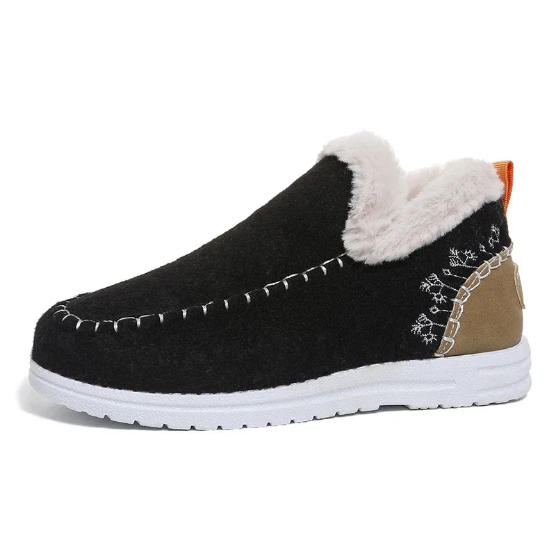 Women’s Winter Slip On Fuzzy Collar Ankle Booties Soft Felt Warm Fleece Lined Flat Non‑Slip Light Casual Daily Snow Boots