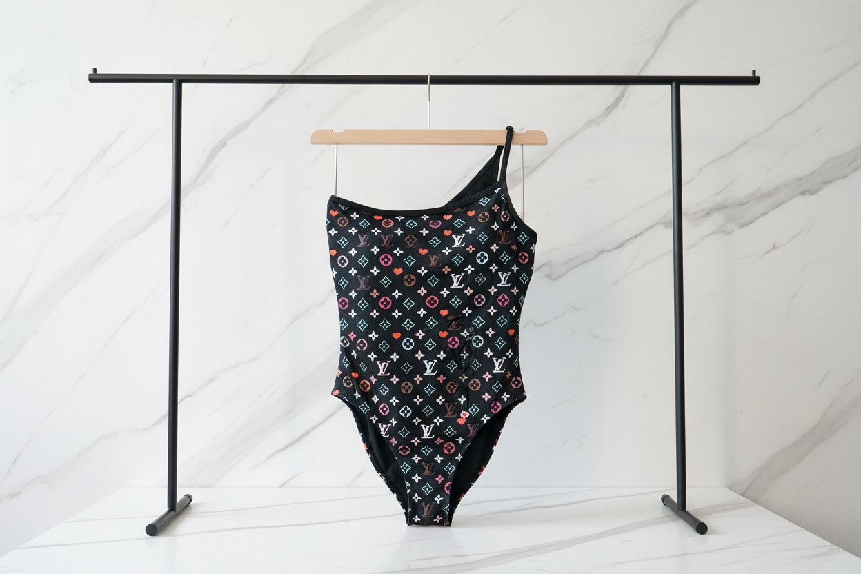 LV Murakami Swimsuit - Full view on marble
